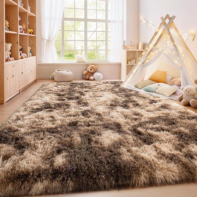 Soft Shaggy Rugs Fluffy Rug, Plush Area Rugs for Living Room Nursery Home Decor, Tie-Dyed Brown Anti-Skid Rectangular Fuzzy Rug 5x7 Feet