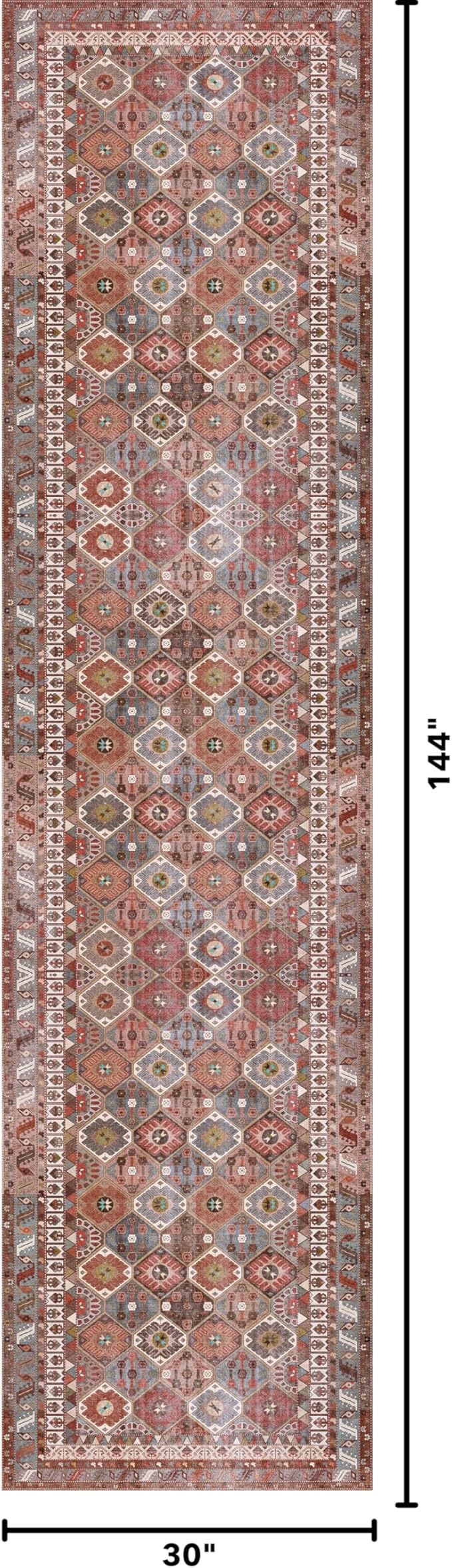 Kuden 2'6"x12 Runner Rug, Machine Washable Area Rug with Non-Slip Backing, Vintage Style, Soft, Easy Clean, Low Pile Rug for Hallway, Entryway, Kitchen, Bedroom