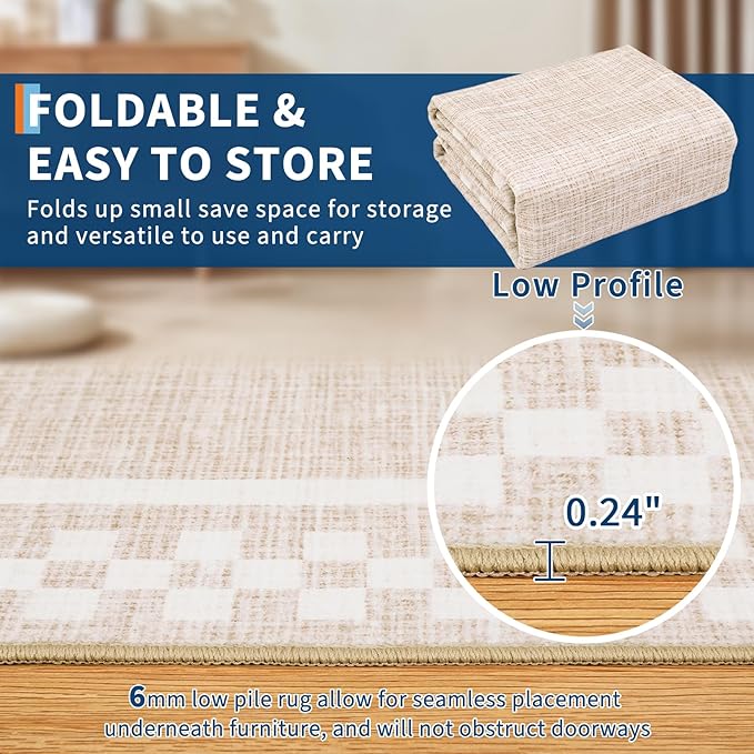 Small Bedroom Area Rug 3x5 Checkered Area Rug for Living Room Nursery Non Slip Kitchen Throw Carpet Low Pile Modern Bordered Rugs Washable Bathroom Mat Soft Brown Rugs for Laundry Entryway, Beige