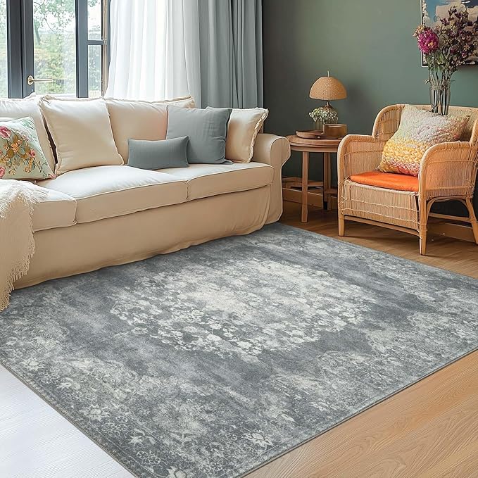 jinchan Vintage Floral 5x7 Area Rugs - Machine Washable Distressed Design Soft Ultra-Thin Low-Pile Non-Slip Carpet for Kitchen Bedroom Nursery Living Room Dining Room Home Office (5x7ft, Grey)