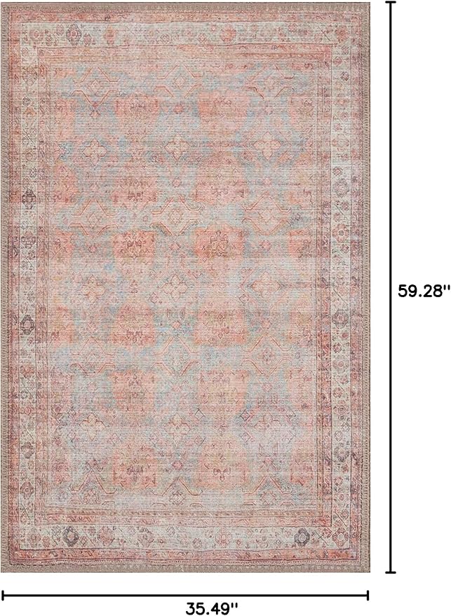 GLN Rugs Traditional Collection - Machine Washable Area Rug, Traditional Washable, Non Slip, Low Pile Chenille Rug, Living Room, Bedroom, Kitchen Rug (3' x 5' Terra/Multicolor 1153)