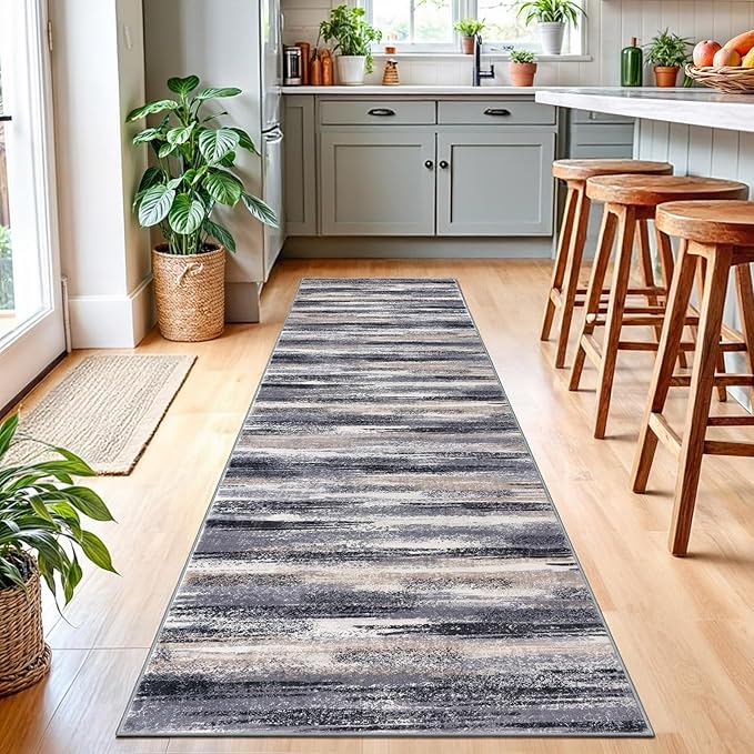 Modern Abstract Runner Rug 2.6x10, Grey Black Multi Washable Long Kitchen Runner Non-Slip Soft Hallway Rug Runner Thin Print Faux Wool Carpet for Entryway Bedroom Laundry Room Indoor Home Decor