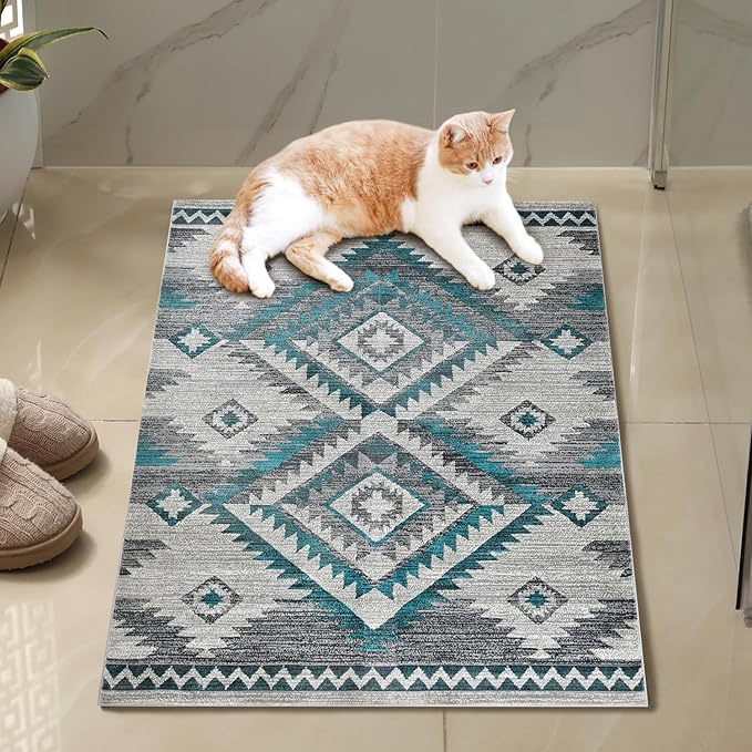 YHSF South West Native American Rug Ritz – Native Tribal American Indian Inspired Rug - Living Room, Bedroom, Hallway, Entryway & High-Traffic Area Rugs - Washable - Soft - Steel, 2 Feet x 3 Feet