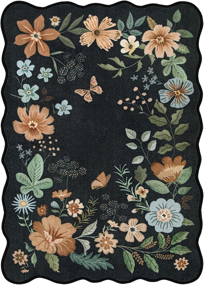 Lahome Floral Rugs for Living Room, 5x7 Area Rugs Ultra-Thin Soft Washable Rug, Non-Slip Bedroom Rug Stain Resistant Lightweight Boho Low-Pile Throw Carpet for ‎Dining Room Office (5x7ft,Black/Grey)