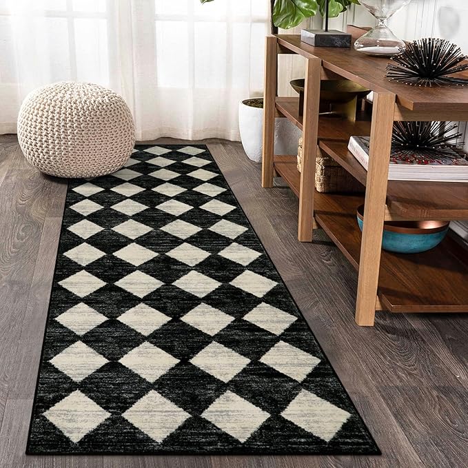 Lahome Washable Kitchen Runner Rug, 2x7 Black and White Hallway Runner Rugs with Rubber Backing Bathroom Runners, Moroccan Trellis Soft Non Slip Stain Resistance Carpet Runners for Entryway Bedside