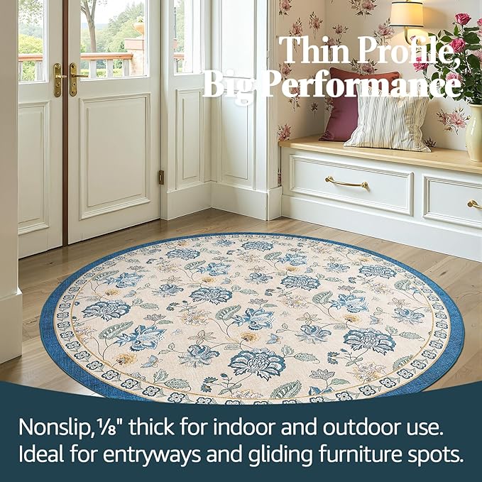 jinchan Elora 5ft Floral Round Rug for Entryway Washable Kitchen Rug Vintage Romance Design Non Slip Indoor Doormat Lightweight Low-Profile Throw Carpet for Living Room Dining Room Bedroom, Blue/Beige