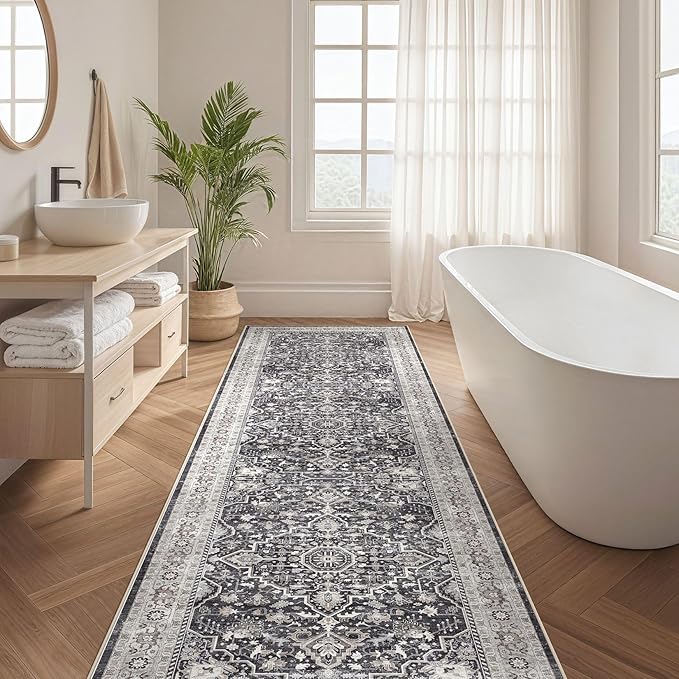 Runner Rug Kitchen Washable Rugs: 3x8 Non-Slip Boho Vintage Distressed Stain Resistant Indoor Floor Moody Oriental Throw Carpet for Hallway Bathroom Laundry Room Entryway Bedroom- Black