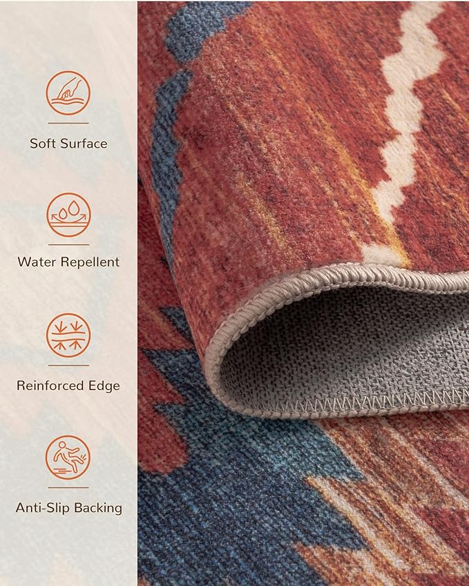 Area Rug 9x12 Rug Machine Washable Non-Slip Low Pile Print Pattern Western Rug for Living Room Bedroom Entryway Tribal Series -Red/Orange