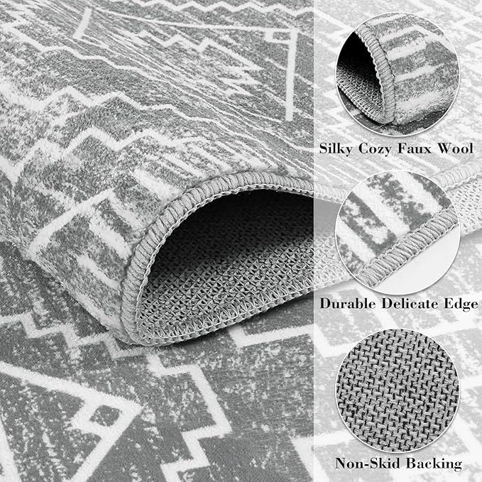 Wonnitar Moroccan Area Rugs 3x5, Gray Washable Entry Rug,Non-Slip Boho Small Bedroom Throw Mat, Non-Shedding Farmhouse Soft Low Pile Floor Carpet for Kitchen Bathroom Living Room (Silver Grey,3'x5')