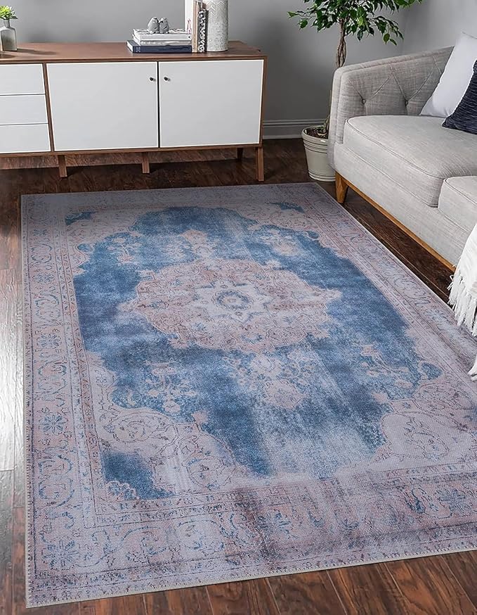GLN Rugs Traditional Collection - Machine Washable Area Rug, Traditional Washable, Non Slip, Low Pile Chenille Rug, Living Room, Bedroom, Kitchen Rug (3' x 5' Cream/Navy)