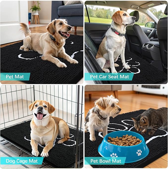 OLANLY Dog Door Mat for Muddy Paws 47x32, Paw Print Design, Absorbs Moisture and Dirt, Absorbent Non-Slip Washable Doormat, Quick Dry Chenille Mud Mat for Dogs, Entry Indoor Entryway Carpet, Black
