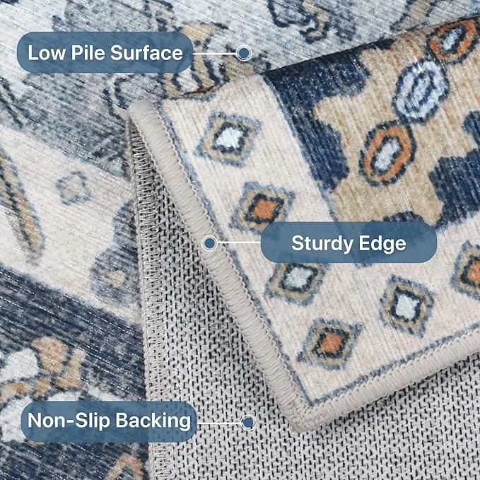 5x7 Area Rug Machine Washable Boho Rug for Living Room,Ultra-Thin Low Pile Carpet,Lightweight Indoor Printed Rug,Non Slip Floral Area Rug for Bedroom, Dining Room, Home Office,Blue