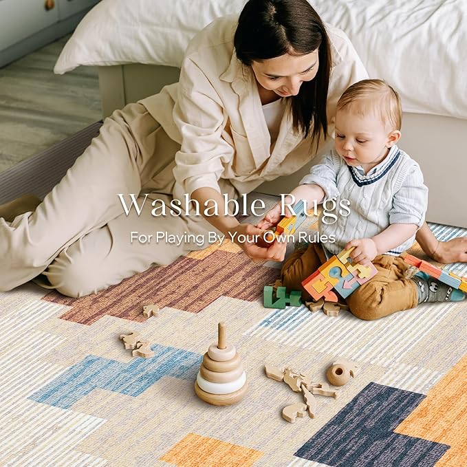 Phantoscope Washable Runner Rug 2'x8' Non-Slip, Modern Neutral Boho Hallway Rugs for Entryway, Stair, Bedroom, Abstract Geometric Blocks Pattern, Low-Pile Foldable Floor Carpet, Warm Terracotta/Cream