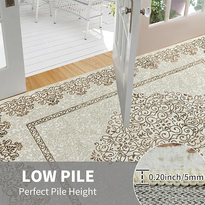 Easy-Going Boho Neutral Area Rug 3x5 Entryway Rug Washable Inside Door Mats for Home Entrance Non-Slip Floral Brown Small Rugs for Entry Living Room Bedroom Kitchen Bathroom Office Lightweight Carpet
