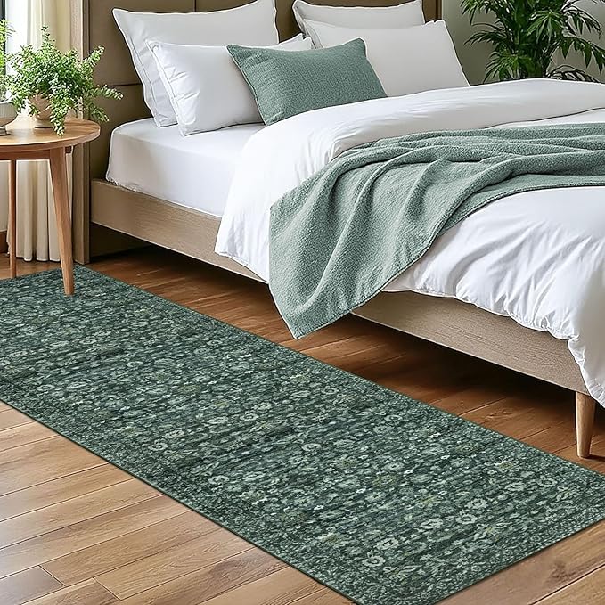 Vintage Floral 2x7 Runner Rug, Dark Green Washable Kitchen Runner Rug Non-Slip Hallway Rug Runner Boho Super Soft Thin Printed Faux Wool Carpet for Entryway Bedroom Laundry Room Indoor