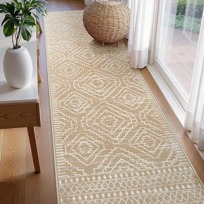 Wonnitar Moroccan Washable Rug 3x5, Non-Slip Entryway Area Rug, Soft Farmhouse Bedroom Throw Mat, Geometric Low Pile Scandinavian Accent Carpet for Entry Kitchen Basement (Kakhi,3'x5')
