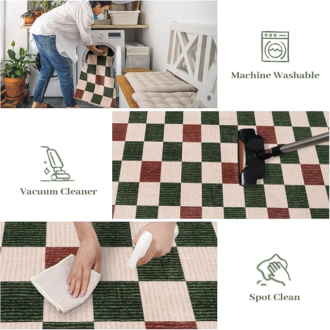 Machine Washable 5x7 Area Rugs for Living Room Clearance Checkered, Non Slip Low Pile Farmhouse Modern Neutral Playroom Boys Rugs for Bedroom, Carpet Rugs for Dining Room(Red,5'x7')