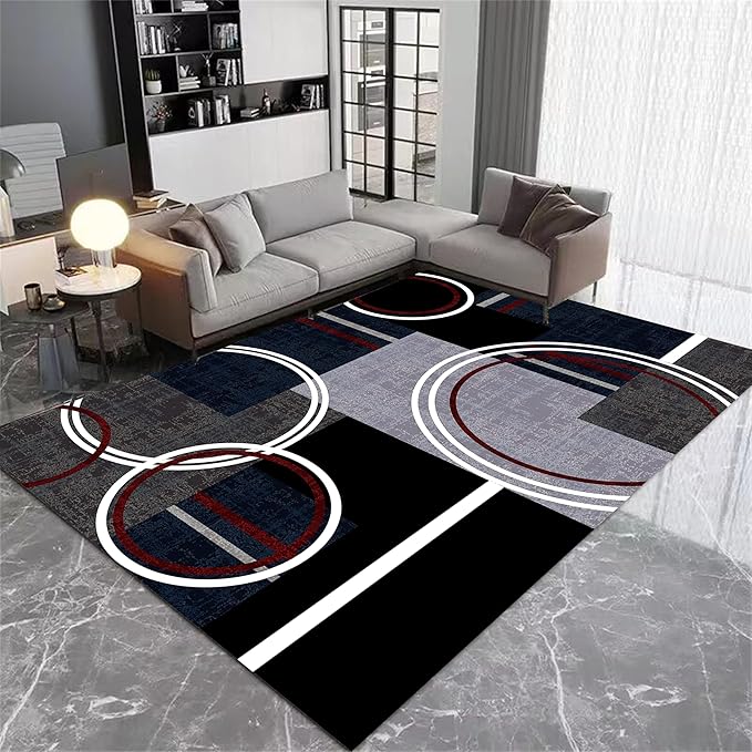 Area Rug 6x8 Modern Abstract Circle Rugs, Multicolor Low Pile Carpet, Machine Washable & Non-Slip Non-Shedding Stain Resistant for Bedroom, Living Room