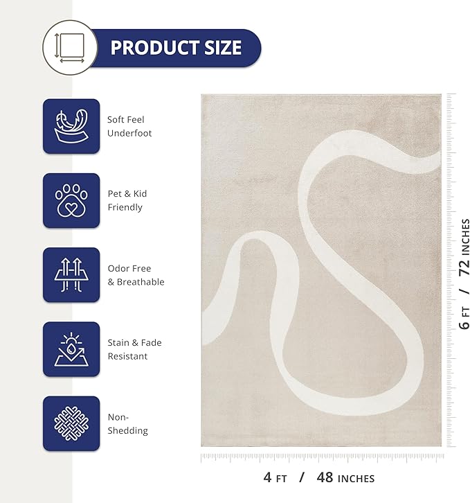 Abani Deco Collection Area Rug - Beige Modern Abstract Ribbon Design - 4' x 6' - for Living Room, Bedroom & Office