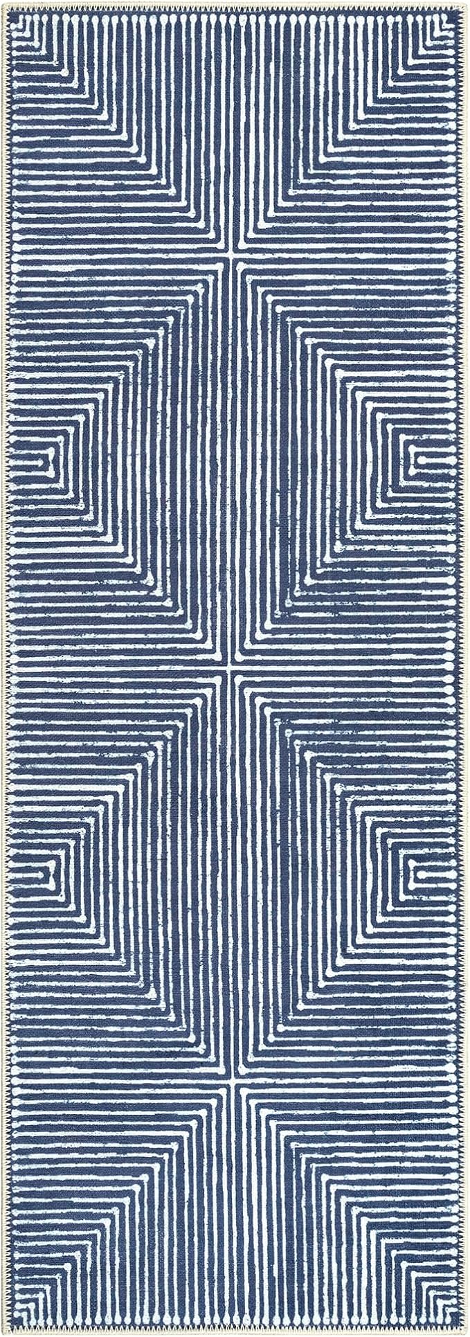 Bloom Rugs Washable Non-Slip 12 ft Runner - Blue Striped Runner for Entryway, Hallway, Bathroom, and Kitchen - Exact Size: 2.5' x 12'