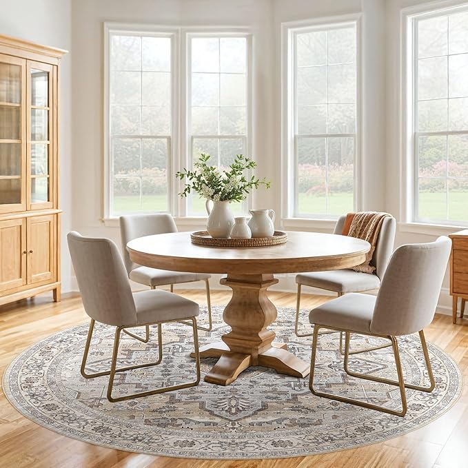 Round Rug Living Room Rugs: 6x6 Washable Boho Neutral Large Circle Soft Indoor Distressed Stain Resistant Floor Farmhouse Carpet for Bedroom Nursery Kids Playroom Office Dining Room Dorm- Cream Gray