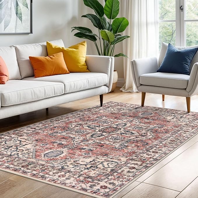 KOZYFLY Area Rug 4x6 Ft Washable Rugs for Entryway Non Slip Faux Wool Printed Throw Rug for Kitchen Bedroom Hallway Living Room Indoor Floor Decoration, Terracotta/Beige