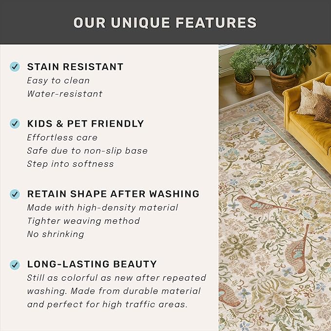 2'6"x8' Long Hallway Runner Rug - Vintage Botanical Wide Runners for Kitchen Bedroom Hall Way, Washable Non Slip with Rubber Backing, Beige Floral Décor