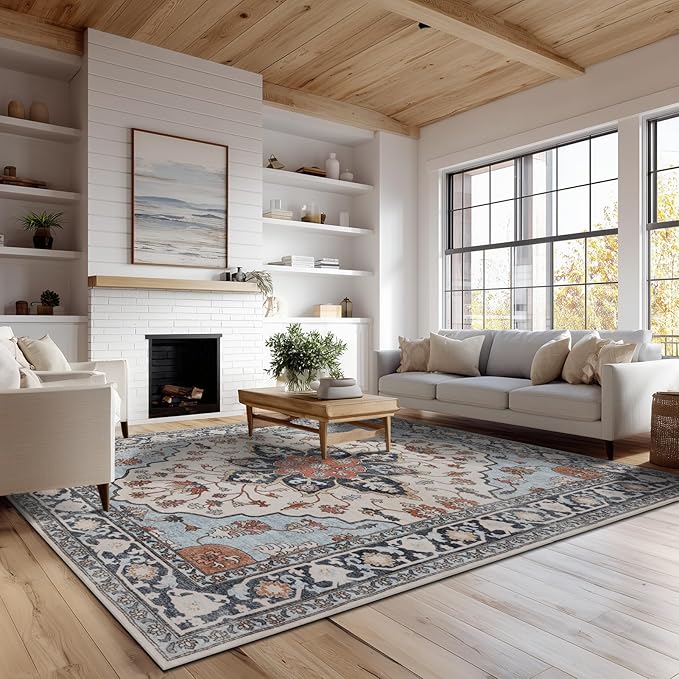 Washable Area Rugs 8x10, Large Rugs for Living Room, Carpet for Bedroom, Soft Faux Wool Retro Dining Room Rug, Non-Slip Backing Resistant Low Pile Vintage Print Rug for Home Office (Blue/Gray)