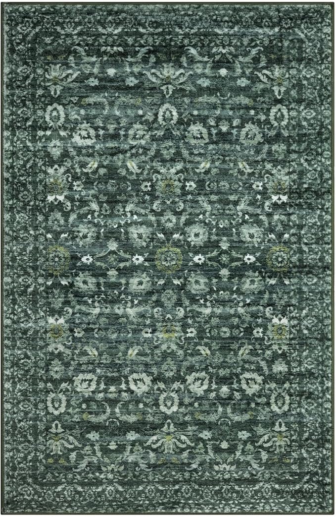 Vintage Floral 6x9 Rug, Dark Green Washable Area Rug for Bedroom, Non Slip Living Room Rug Thin Printed Faux Wool Super Soft Floor Carpet for Nursery Playroom Dining Room Indoor Office