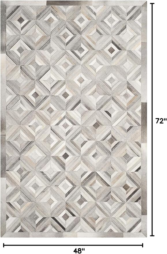 Premium Diamond Pattern Leather Area Rug, Geometric Cowhide Patchwork Carpet - 4X6 ft, Luxury Beige and Grey Non-Slip Floor Accent for Dining Room, Living Room, Hallway