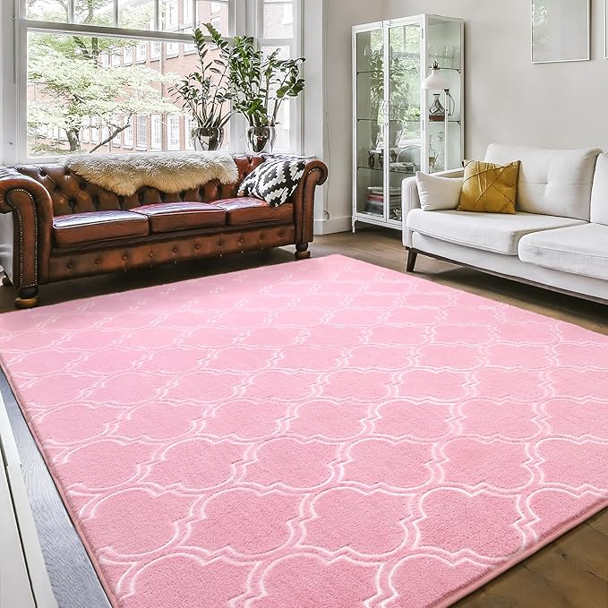 Amearea Fluffy Indoor Trellis Rug, Soft Moroccan Home Rugs for Bedroom, Shag Modern Area Rug for Living Room Kids Room Nursery, Easy Clean, Home Decor Low Pile Carpet, Pink 4x6 Feet
