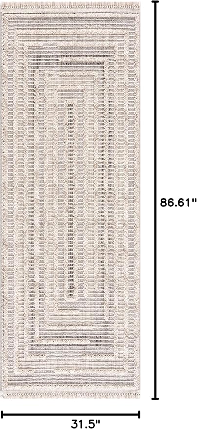Hauteloom Lunao Farmhouse Living Room Bedroom Moroccan Square Pattern Abstract Runner Rug - Soft Shaggy High Low Carpet - High Pile - Bohemian, Boho - Gray, Brown, Beige, Cream - 2'7" x 7'3"