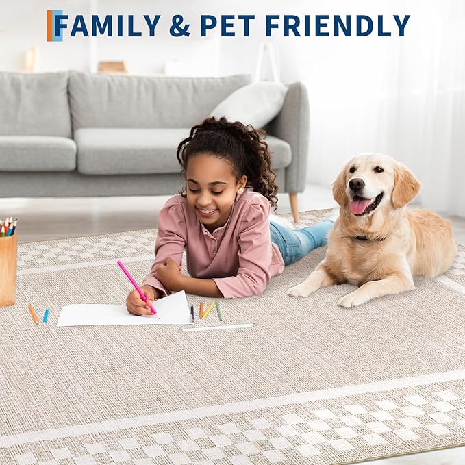 GarveeHome 5x7 Washable Area Rug for Bedroom Living Room Non Slip Modern Bordered Throw Rugs Low Pile Soft Checkered Dining Room Area Rugs Geometric Throw Carpet for Kitchen Nursery Office, Beige