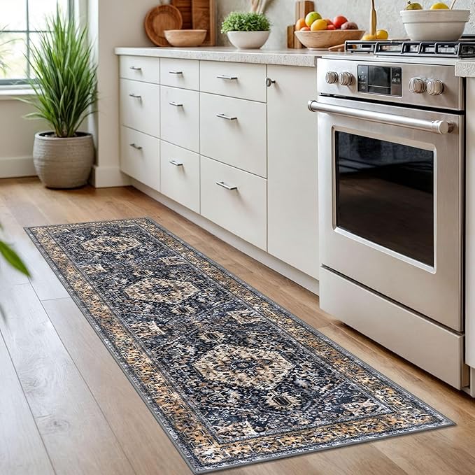 KOZYFLY Runners for Hallways 2x7 Ft Washable Kitchen Runner Rug Boho Runner Rug for Entryway Indoor Gold Navy Printed Oriental Faux Wool Floor Carpet Runner for Bedroom Kitchen Hall