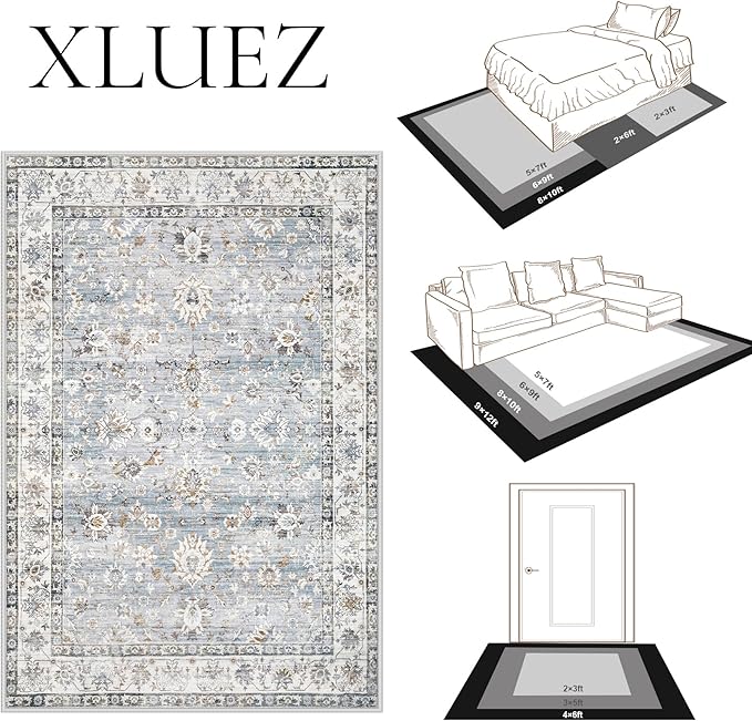 Area Rug 9x12 Living Room Rug, Machine Washable Vintage Distressed Boho Area Rug Non-Slip Soft Low Pile Large Indoor Rugs for Bedroom Kitchen Dining Room Office(Light Blue,9'x12')