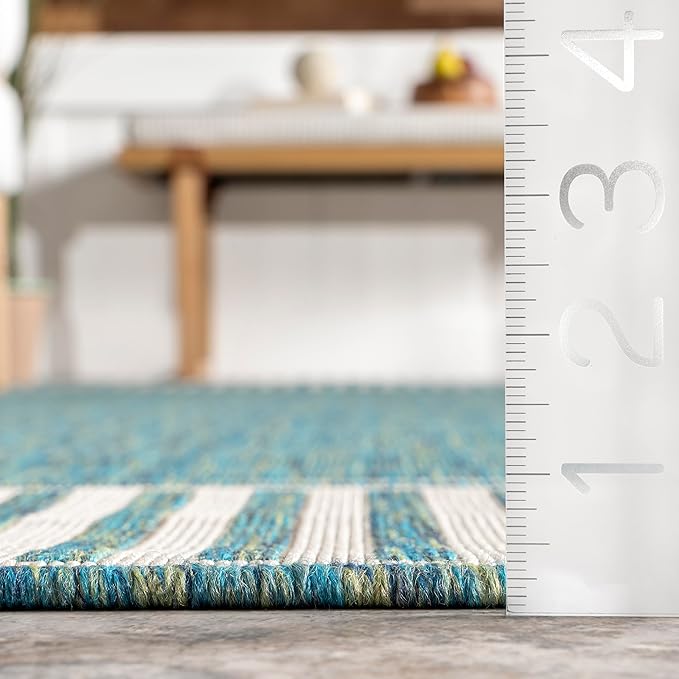 Nuloom Asha Teal/Ivory, 5' x 8', Casual, Striped Border, Soft and Cozy, High Traffic, Stain Resistant, Easy Clean, Durable Area Rug for Indoor/Outdoor Patio, Deck, Porch, Garden, Courtyard