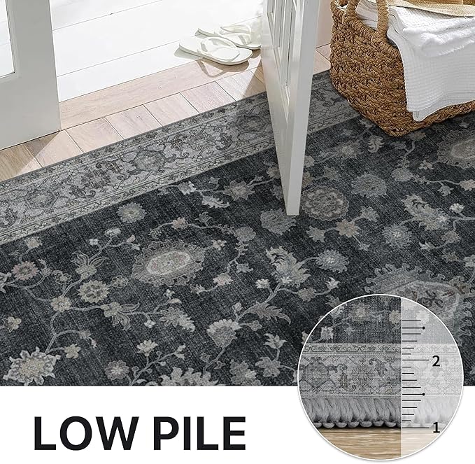 GENIMO Machine Washable 8x10 Area Rugs for Living Room, Non Slip Vintage Rugs, Low Pile Lightweight Chenille Print Rug for Bedroom, Dining Room, Home Office, Charcoal
