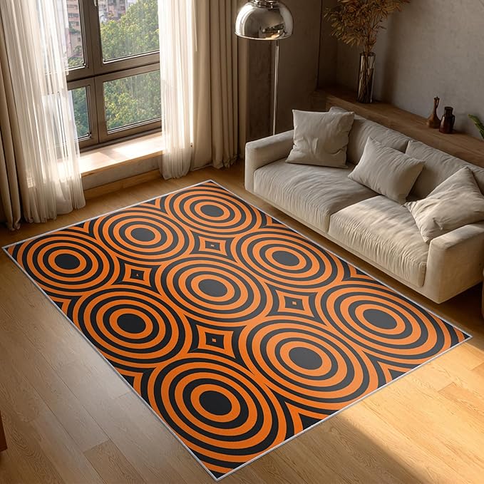 7x9 Geometric Circle Rugs for Bedroom Decor, Washable Retro 60s 70s Geometry Pattern Area Rug, Living Room Home Decoration, Non Slip Soft Thin, Black Orange Decor Carpet PF-P 49
