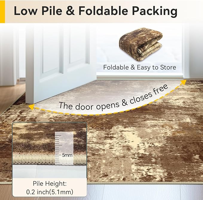 Washable Area Rugs 9'x12' Non-Slip Modern Abstract Soft for Living Room Entryway Bedroom Nursery, Print Pattern, Brown Tan Beige Coffee