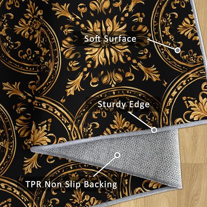 Black Gold Baroque Rug, Washable 6x8 Rug for Living Room, Floral Geometric Patterned Indoor Carpet, Black Gold Baroque Decor for Home, Bedroom, Soft Non Slip Thin Design FER70