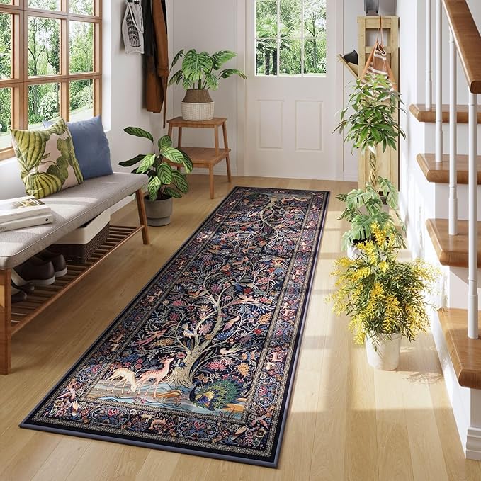 Rugcomf Runner Rug Vibrant Tree of Life-Patterned Vintage Kitchen Rugs Non Slip Washable Soft Carpet Runner for Laundry Bedroom Bathroom, Blue