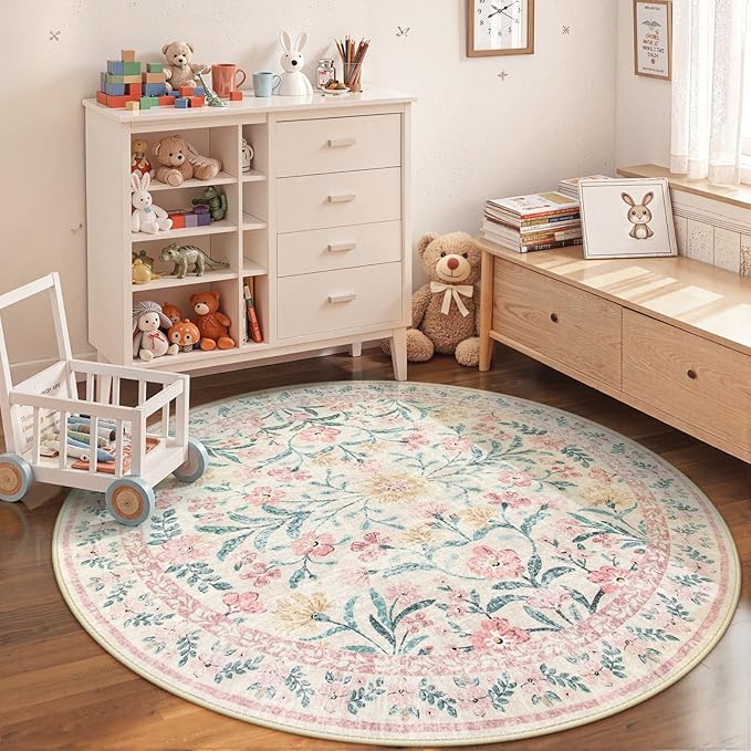Wonnitar Washable Round Rugs 6ft, Pink Floral Circle Rug Large Round Carpet for Bedroom, Boho Soft Ultra-Thin Circular Carpets for Kids Playroom Living Room Nursery