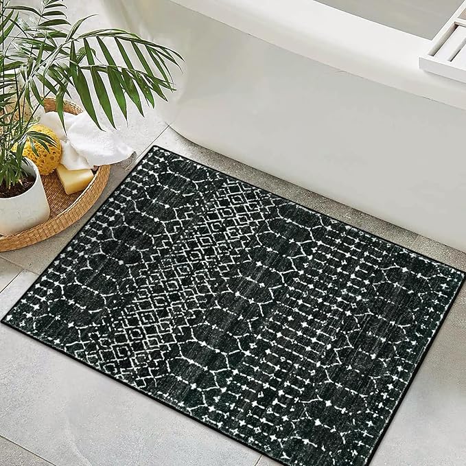 Lahome Moroccan Entry Rug 2x3, Non-Slip Washable Front Indoor Door Mat Rubber Backing Low-Profile Door Rugs, Small Geometric Print Distressed for Entryway Bathroom Kitchen, Black