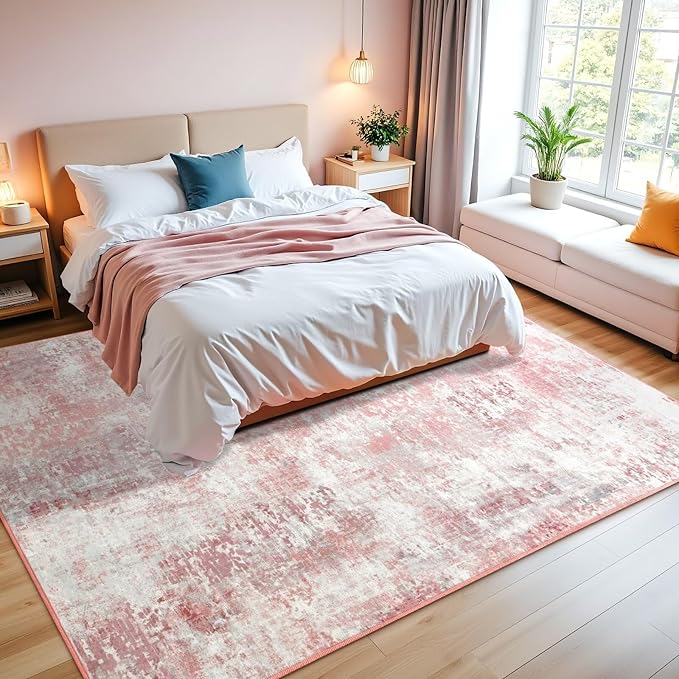 Washable Abstract Rug, 5x7 Modern Area Rugs with Non-Slip Rubber Backed for Living Room, Thin but Soft Contemporary Carpet Kitchen Bedroom Dining Room Decor, Pink