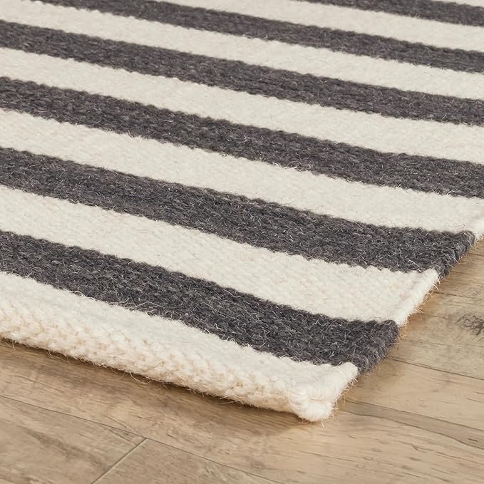 Home Conservatory Ladder Stripe Black/Ivory Handwoven Wool 8 X 10 Feet, Black/Ivory Stripe Pattern