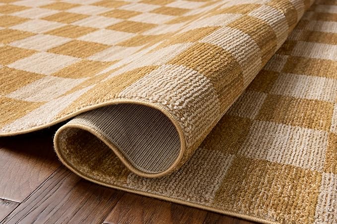 Loloi Chris Loves Julia Calvin Collection CLV-01 Apricot/Ivory 5'-3" x 7'-6" Area Rug Checkered Neutral Soft Living Room Bedroom Carpet