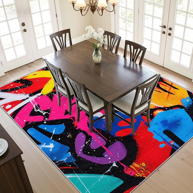 Geometric Rug - 4x6 Rug, Colorful Abstract Pop Art Area Rugs, Retro Funky Art Low Pile Stain Resistant Floor Carpets House Decor #C070