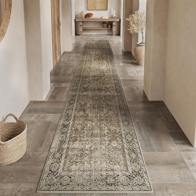 Brown Runner Rug 3x12 Vintage Area Carpet Hallway Long Indoor Kitchen Washable Living Room Low Pile Traditional Distressed Retro Accent Throw Rug Non Slip Laundry Bathroom Office Dining Room