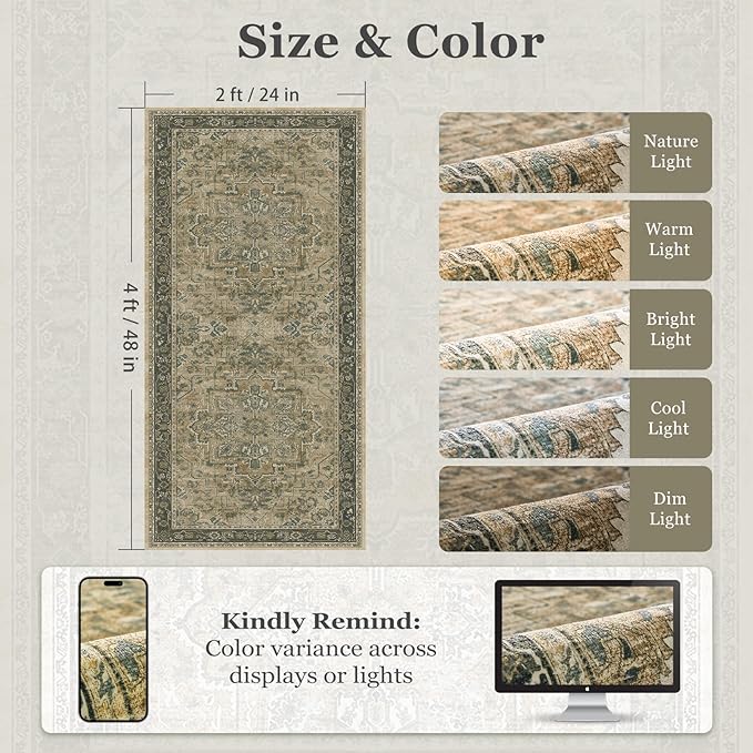 2x4 Entryway Small Rug, Retro Distressed Medallion Door Mat Indoor Entrance Entry Way, Washable Non Slip Low Pile Thin Runner Rug for Kitchen Floor Sink Area Bathroom, Multi Brown/Olive