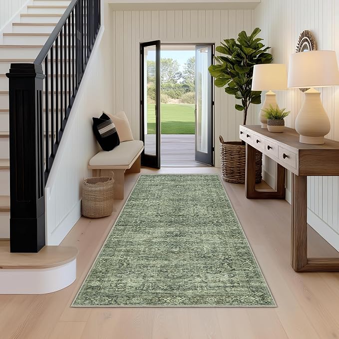 Fmfunctex 2x6 Runner Rug Green Vintage Neutral Washable Distressed Oriental Non Slip Low Pile Indoor Carpet Retro Hallway Entryway Rug for Kitchen Living Room Bedroom Bathroom Laundry Entrance Bedside